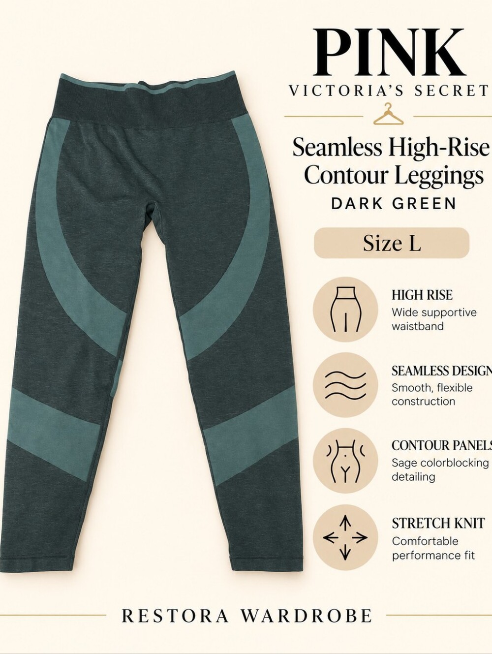 PINK Victoria’s Secret Leggings Dark Green Seamless High Rise Contour Athleisure